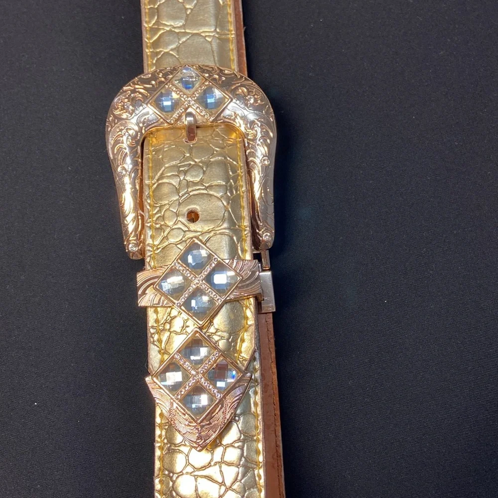 RRango Unisex Gold Tone 4 White Stones Design Ostrich Custom Belt.